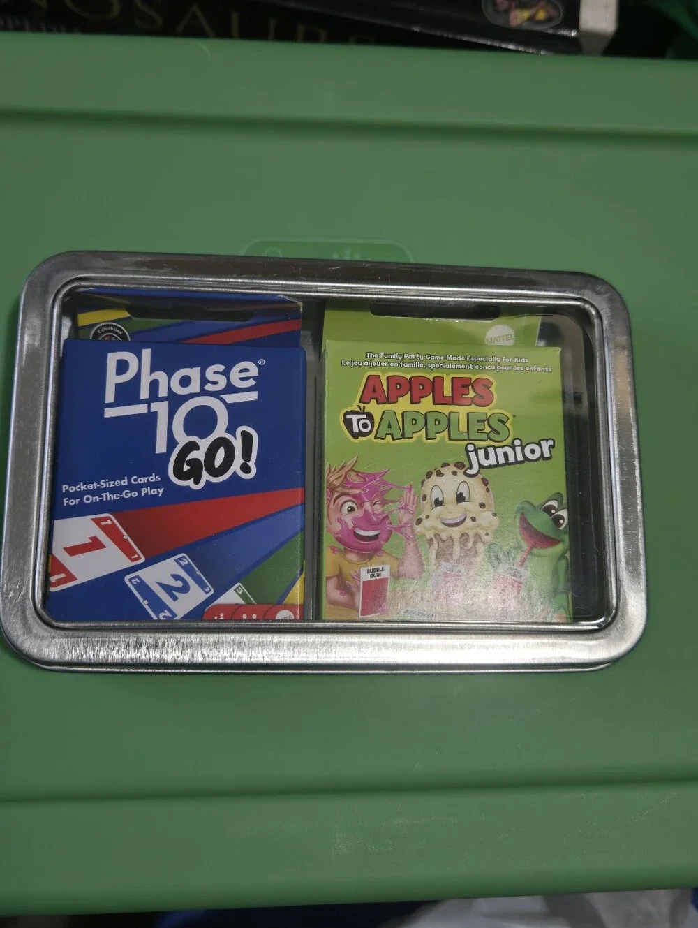 PHASE 10 GO and APPLES TO APPLES JUNIOR CARD GAME, Bonus Storage Travel Box, NEW
